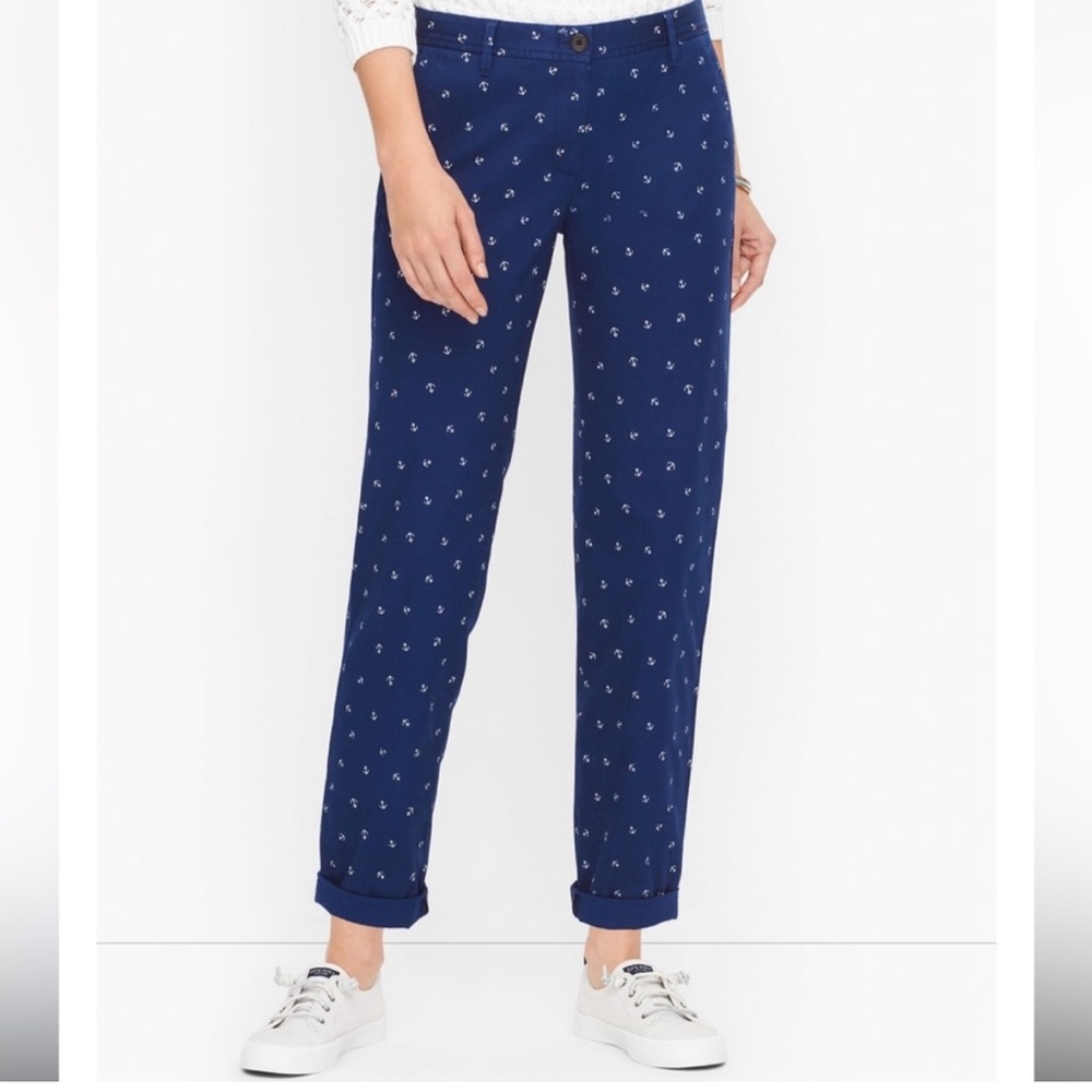 Talbots Relaxed Chino Navy Blue Nautical Pants with Anchor Print Size 4